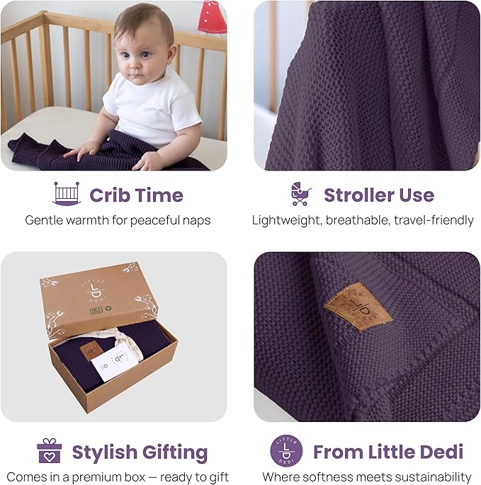 100% Organic Cotton Baby Knitted Blanket with Gift Box - Soft Toddler, Crib, Stroller Blanket - Neutral Swaddle and Receiving Blanket for Newborns, 30"x40", Sweet Grape