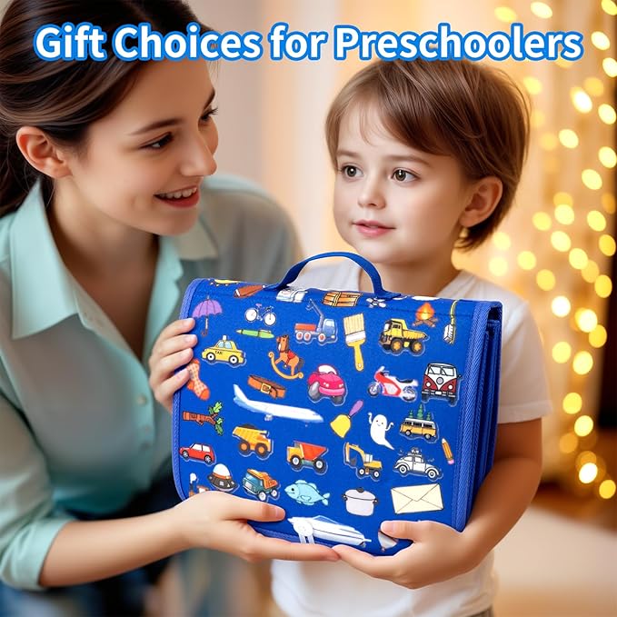 12-page Toddler Busy Board Montessori Toys for 1 2 3 4 Years Old, Busy Book for Toddlers 1-3 Boy Birthday Gift, 24 in 1 Activity Sensory Toys for Motor Skills, Travel Toy for Car Airplane (Blue)