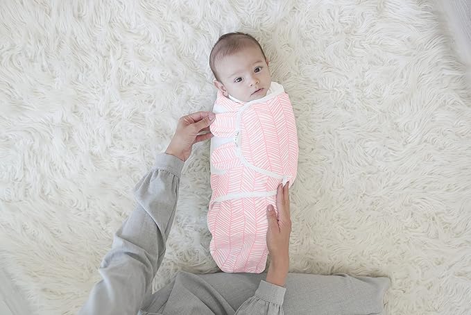 BaeBae Goods Swaddle Blankets, Set of 4, 100% Cotton, Lightweight, Breathable, Adjustable for Boys and Girls, 0-3 Months (Pink/Grey Triangles)