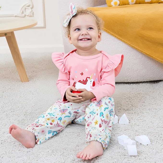 DISAUR Baby Girls Clothes Newborn Infant Baby Girls Outfit Long Sleeve Ruffle Romper Floral Pants Headband Sets 0-18 Months