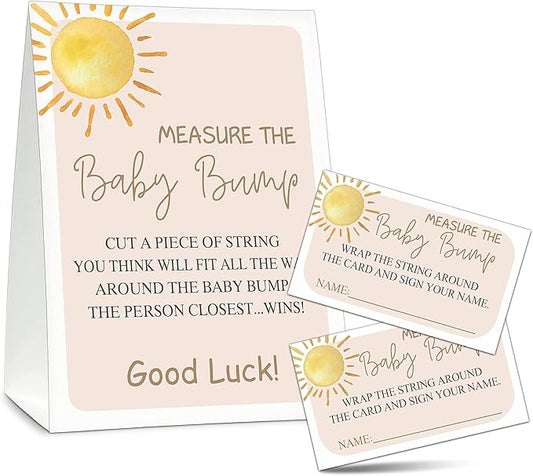 Measure the Baby Bump Baby Shower Game Set, 1 Standing Sign with 50 Guessing Cards, Boho Sunshine Gender Reveal Party Decorations Supplies - B06