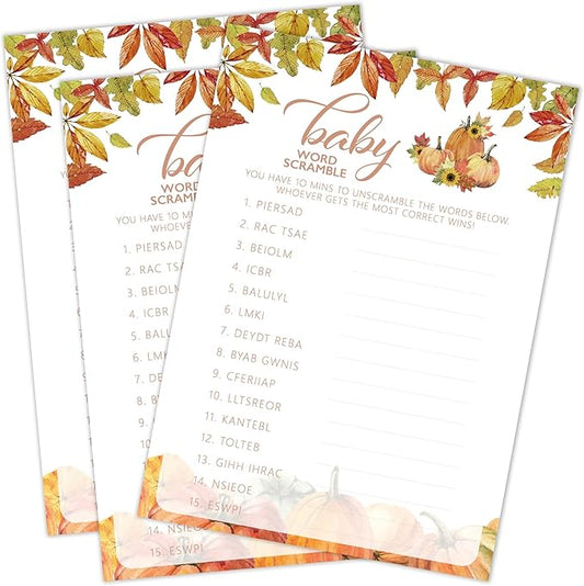 Fall Baby Shower Games, Baby Word Scramble Cards, 5x7 in, Thanksgiving Baby Shower Party Favor Decorations Supplies - A07