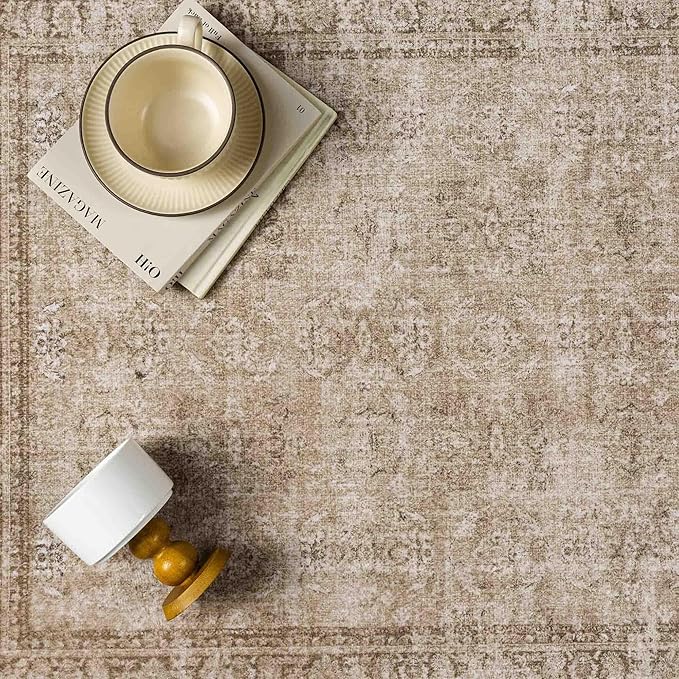 4x6 Light Brown Area Rug Washable Vintage Distressed Office Carpet Low Pile Entryway Non Slip Indoor Soft Retro Entrance Throw Accent Rug for Kitchen Bathroom Bedroom Dining Living Room