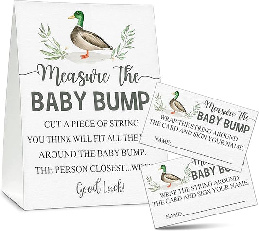 Measure the Baby Bump Baby Shower Game Set, 1 Standing Sign with 50 Guessing Cards, Mallard Duck Gender Reveal Party Decorations Supplies - B35