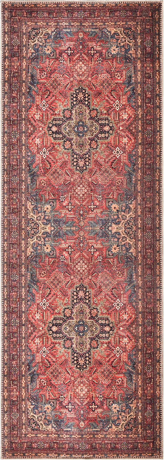 Bloom Rugs Washable Non-Slip 7 ft Runner - Red/Teal Blue/Yellow Traditional Medallion Runner for Entryway, Hallway, Bathroom, and Kitchen - Exact Size: 2.5' x 7'