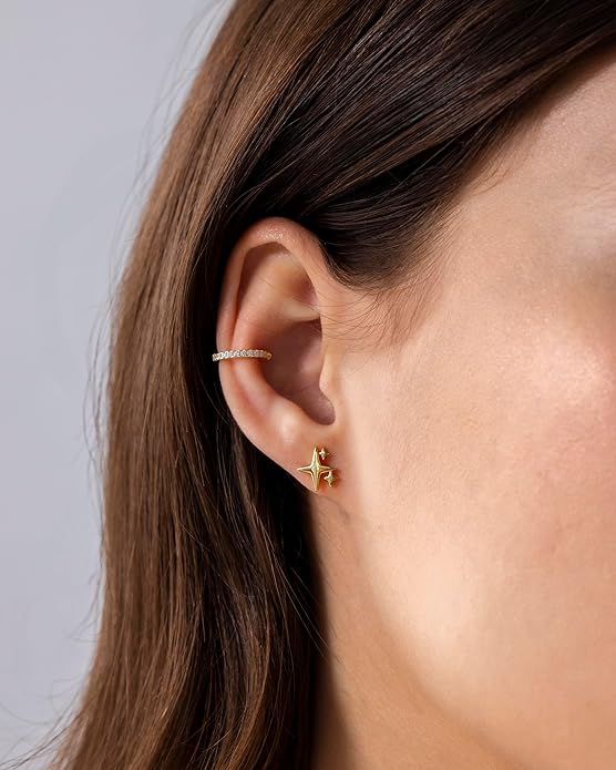 PAVOI 14K Gold Plated Dainty Flat Back Earrings for Women - Hypoallergenic Sterling Silver Posts Helix Cartilage Piercing Jewelry - Emoji Motif Bow Celestial Flatback Gold Stud Earrings Screw Back