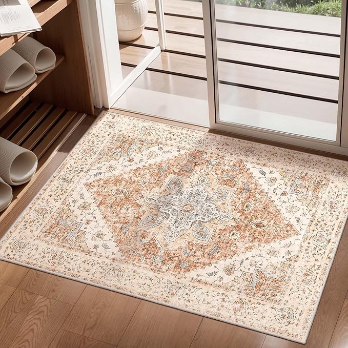 Ciicool Washable Vintage Area Rug, 2x3ft Boho Small Rug, Ultra Soft Rugs for Entryway, Non-Slip Entry Rugs Oriental Low-Pile Indoor Mat Floor Carpet for Entrance Bedroom Kitchen Bathroom Foyer Decor