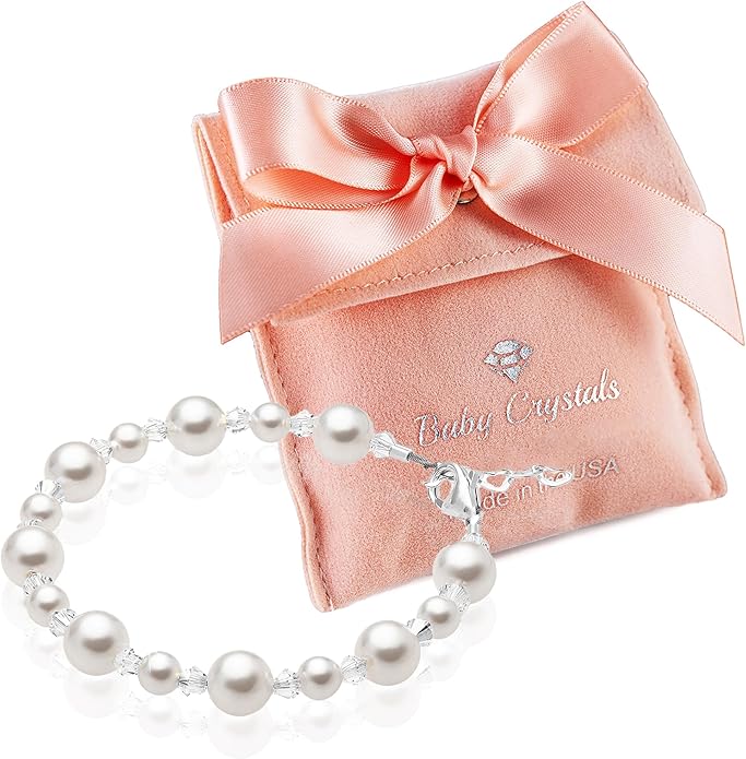 Sterling Silver Initial Charm Personalized Birthstone Bracelets for Girls, Baby Girl, Birthday Gifts for, Newborn, infant, Toddler, Teen, Pearl Bracelet, Birthstone Jewelry Crystals