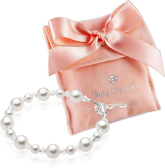 Sterling Silver Initial Charm Personalized Birthstone Bracelets for Girls, Baby Girl, Birthday Gifts for, Newborn, infant, Toddler, Teen, Pearl Bracelet, Birthstone Jewelry Crystals