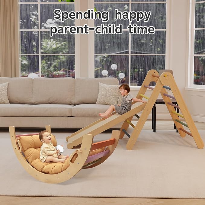 Pikler Triangle Set 7-in-1 Foldable Toddler Climbing Toys Indoor Jungle Gym with Ramp & Arch, Montessori Wooden Play Gym Climbing Frame for Toddlers 1-6 Years