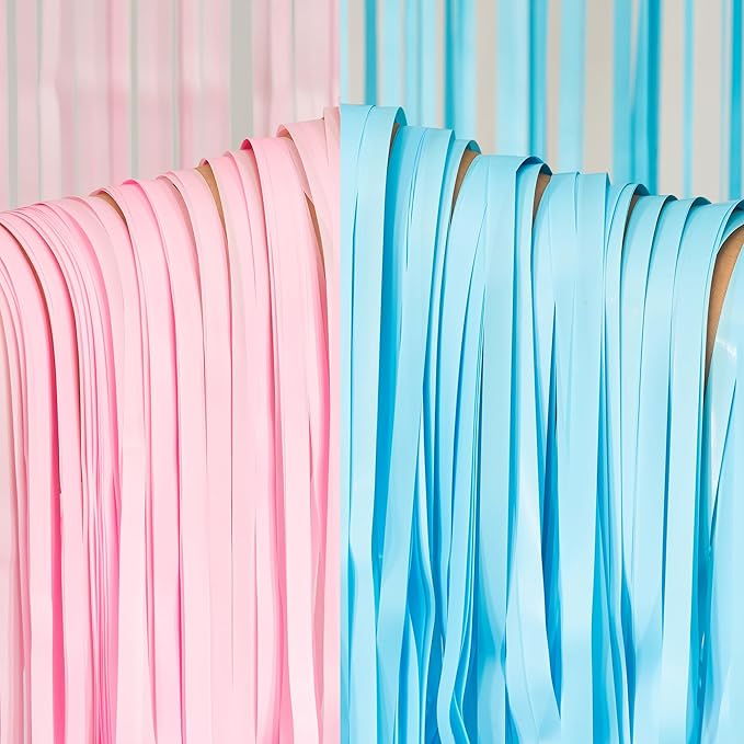 BRAVESHINE Tinsel Photo Backdrop Curtains - 2 Pack 3.2x8.2ft Pastel Pink Blue Foil Fringe Streamer Curtain for Boy or Girl Birthdays Sweet Donuts Easter Party Decorations