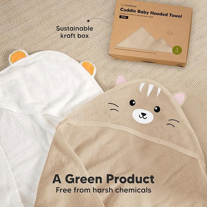 KeaBabies Hooded Baby Towel for Newborn - Viscose Derived from Bamboo Large Baby Bath Towels with Hood for Boys, Girls, Toddler, Extra Absorbent & Soft Newborn Bath Essentials (Cat)