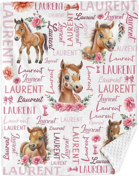 Personalized Baby Blanket for Girls Pink Pony Custom Baby Blankets with Name Dotted Backing Customized Gifts for New Mom Customize Baby Blanket for Kids Newborn Birthday (Pony)