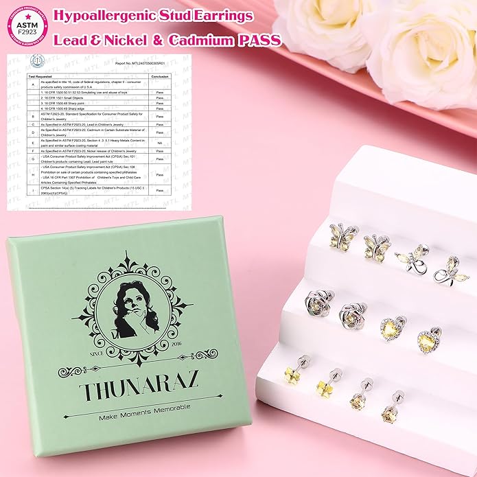 THUNARAZ Hypoallergenic Screw Back Earrings for Girls Women Surgical Stainless Steel Stud Earrings for Sensitive Ears Cute Butterfly Flower Heart CZ Screwback Earring Kid Toddler Girls Jewelry Gift