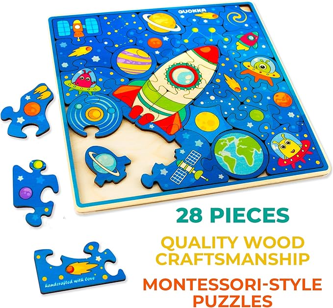 QUOKKA Wooden Rocket Puzzles for Kids Ages 3-5 – 28 Pieces Toddlers Kids Puzzles Ages 4-8 Year Olds – Wood Rocket Toys for Children Games 6-8 yo