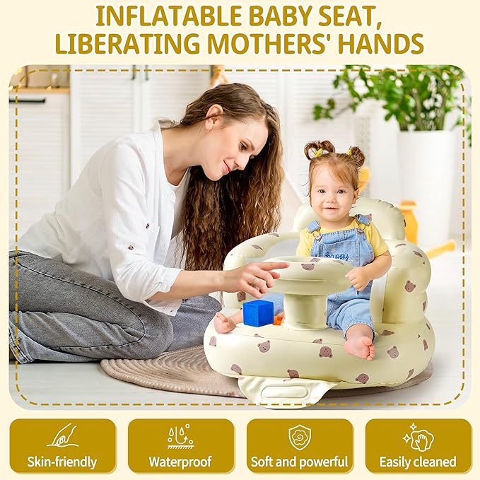Inflatable Baby Seat for Babies 3 Months & Up, Baby Sit Up Chair Blow Up Baby Floor Seats with Tray, Built in Air Pump Infant Support Seat Perfect for Home Floors (Bear with Tray)
