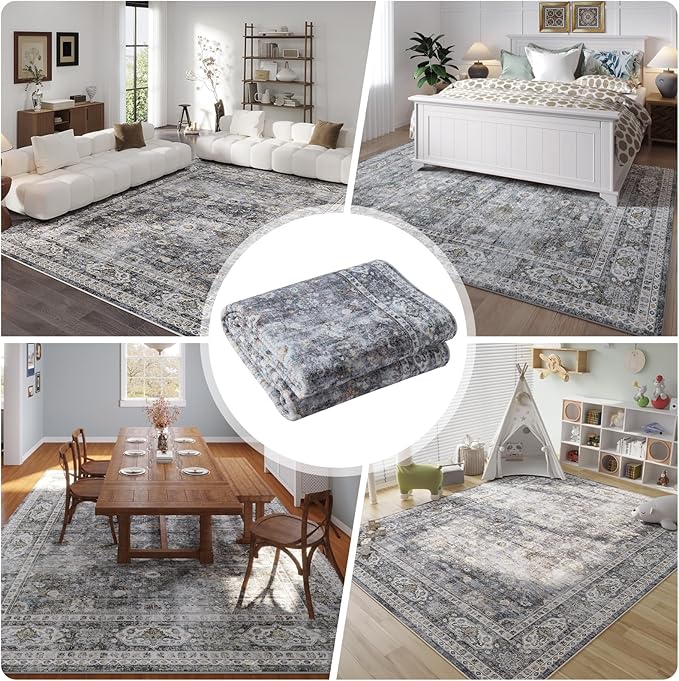 8x10 Rug Washable Boho Rug Soft Large Area Rug Non-Slip Non-Shedding Faux Wool Vintage Rug for Living Room, Farmhouse, Dining Room, Indoor, Kids Playroom (Grey)