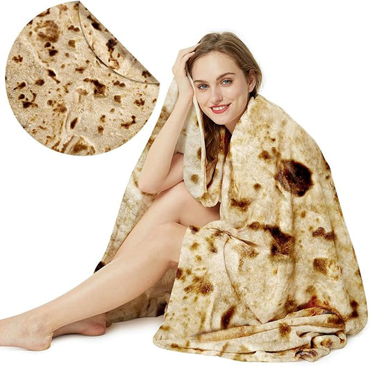 Burrito Tortilla Throw Blanket, 2.0 Double Sided Burritos Taco Tortilla Wrap Blankets for Adults Kids, Giant Funny Realistic Food Blankets, Soft Flannel Round Throw Blanket