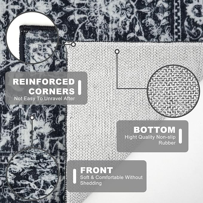 KILOCOCO Hallway Runner 2x8 Rug Runner Printed Vintage Floral Washable Kitchen Runners Non-Slip Rubber Backed Runners for Hallways Distressed Thin Soft Rugs for Entryway Laundry Room, Black/White
