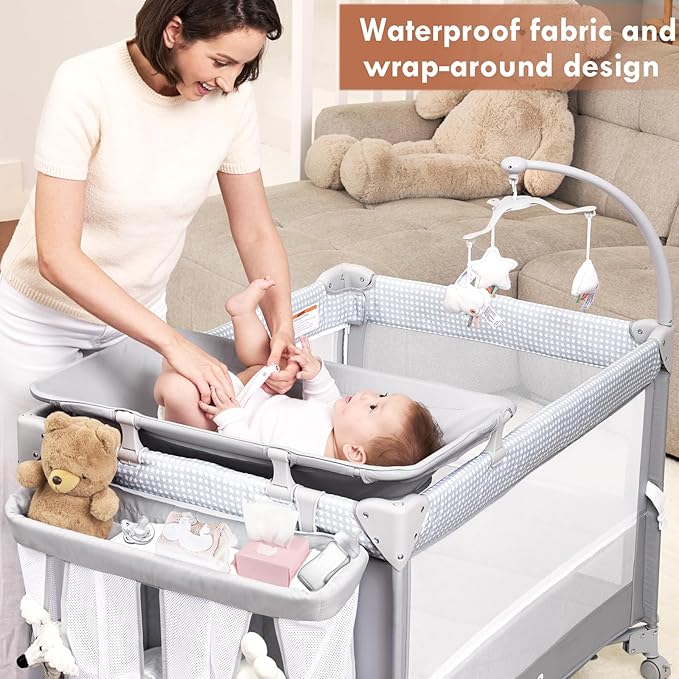 Baby Bassinet Bedside Crib, Pack and Play with Mattress, Diaper Changer, One-Push Setup Playards from Infants to Toddlers (Grey)