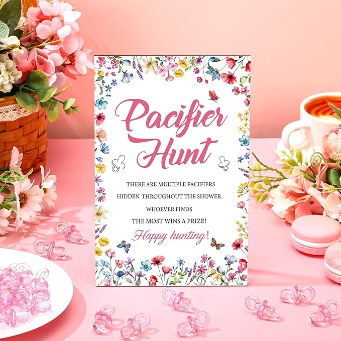 Thyle 51 Pcs Pacifier Hunt Baby Shower Games Include Hunt Sign and 50 Acrylic Pacifiers for Baby Shower Game Decoration Gift Sets Gender Reveal Party Decor(Wildflower)