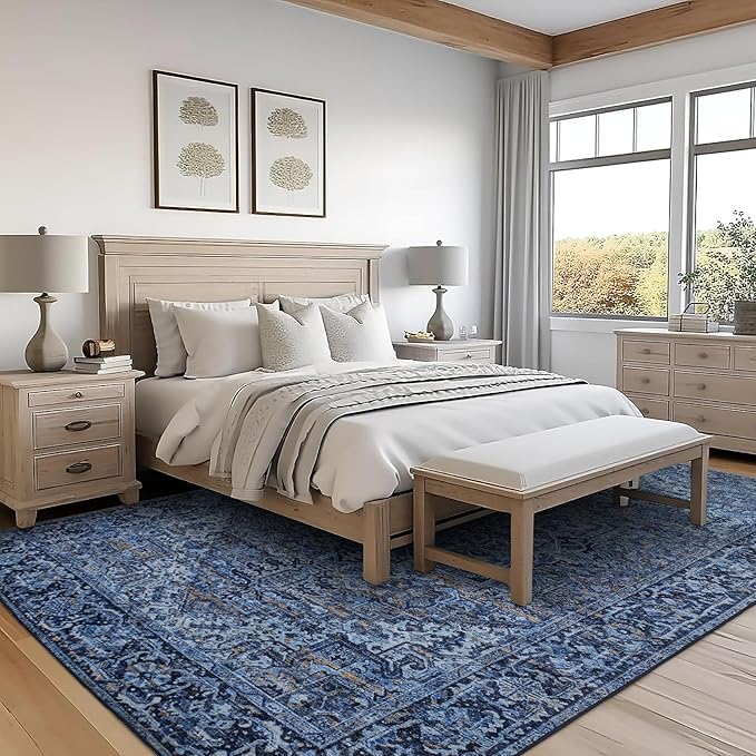 ReaLife Rugs Machine Washable Area Rug - Living Room Bedroom Bathroom Kitchen Entryway Office - Padded Low Pile Stain Resistant Premium - Boho Vintage Traditional - Lyle - Blue 7'6" x 9'6"