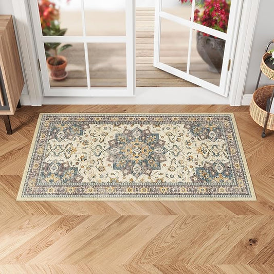Dripex Vintage Washable Area Rug - 2x4 Indoor Door Mat Oriental Medallion Accent Throw Rug Distressed Foldable Non-Slip Low-Pile Bathroom Kitchen Rug for Entryway Laundry Room Living Room Bedroom
