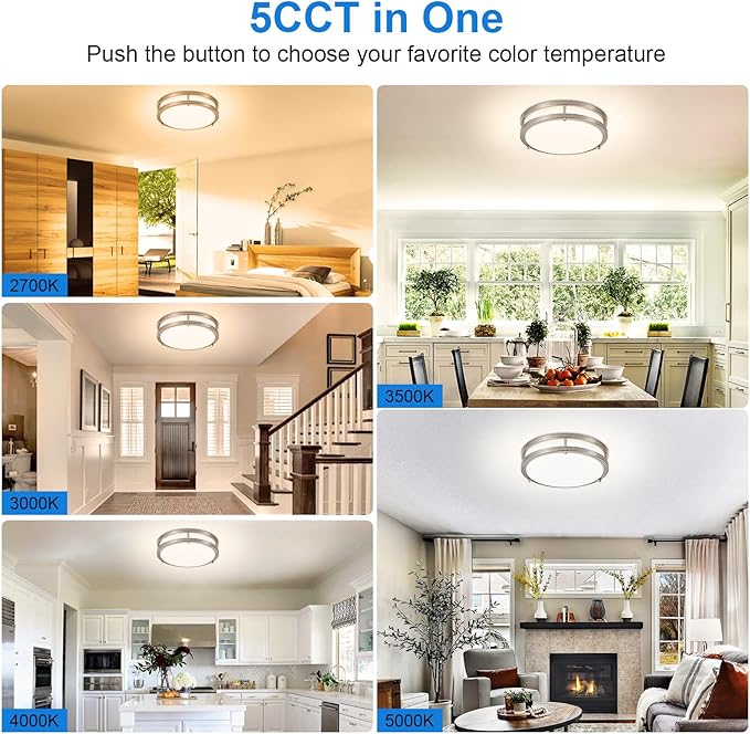 DLLT Flush Mount LED Ceiling Light: 10 Inch 5CCT (3000K-6000K) & Dimmable Ceiling Light Fixtures for Bedroom Hallway - 18W Modern Brushed Nickel 1600LM Super Bright Kitchen Lighting Fixtures Ceiling