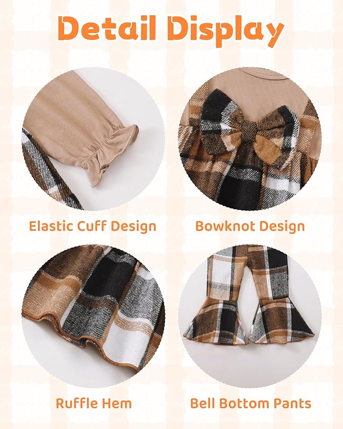 Kucnuzki Toddler Baby Girl Clothes Outfit Long Sleeve Plaid T Shirt Top Flare Leggings Pants 2 Piece Outfit Kids Clothes