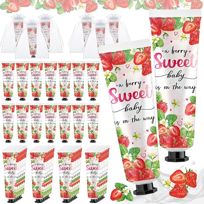 48 Sets Baby Shower Hand Cream Bulk Sweet Strawberry Baby Shower Favors Bridal Thank You Hand Cream for Guests Travel Size Lotion with Organza Bags