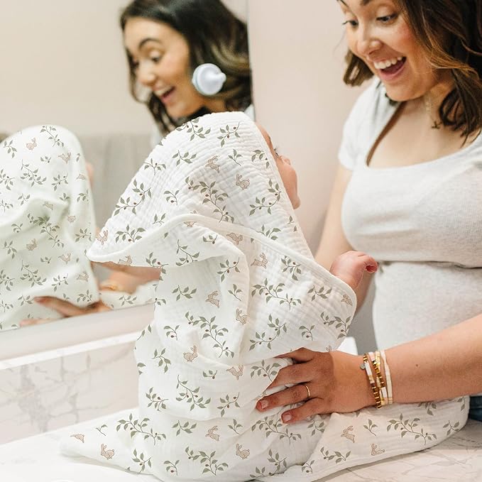 Konssy 2-Pack Muslin Hooded Baby Towels, 100% Cotton, Ultra-Soft & Absorbent Baby Bath Towels with Hood for Newborn & Infant (Fog Green, Sprout, 30'' x 30'')