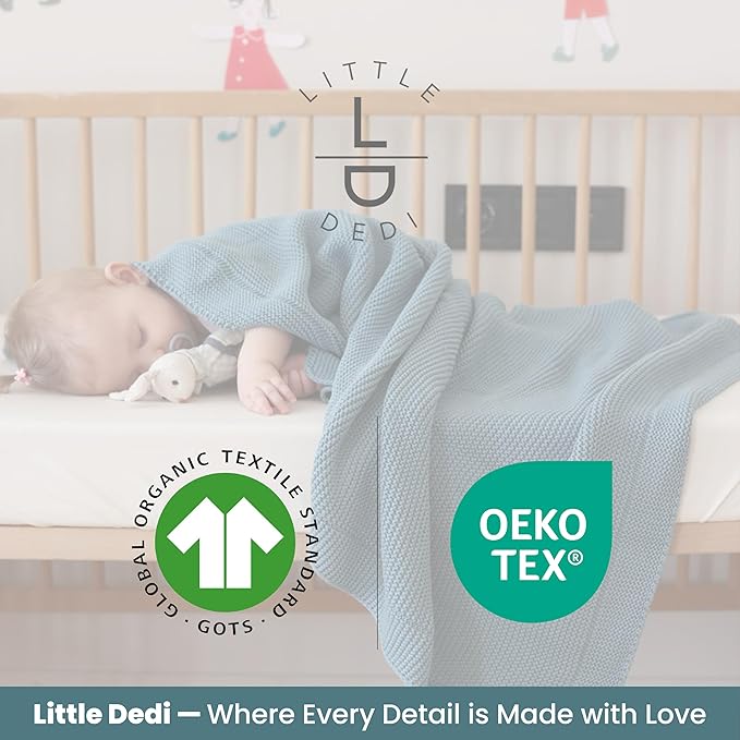 100% Organic Cotton Baby Knitted Blanket with Gift Box - Soft Toddler, Crib, Stroller Blanket - Neutral Swaddle and Receiving Blanket for Newborns, 30"x40", Smoke Blue