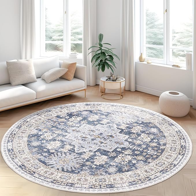 zesthome 8ft Round Rugs for Living Room, Non-Slip Washable Round Area Rugs, Ultra-Thin Large Circle Rugs, Soft Low Pile Rug for Bedroom, Kitchen - Vintage Stain Resistant Round Rug (Blue/Beige,8'x8')