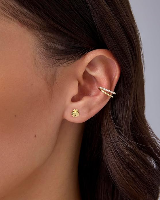 PAVOI 14K Gold Plated Dainty Flat Back Earrings for Women - Hypoallergenic Sterling Silver Posts Helix Cartilage Piercing Jewelry - Emoji Motif Bow Celestial Flatback Gold Stud Earrings Screw Back