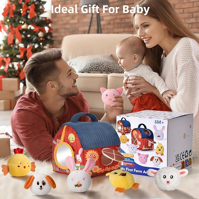 Baby Toys 6-12 Months - Soft Barn Playset with Stuffed Farm Animals, Rattle, Crinkle Paper, Mirror - Montessori Toys for 6 9 12 Months Old Babies, Sensory Balls Toddlers 1-3, 1 Year Old Boy Girl Gifts