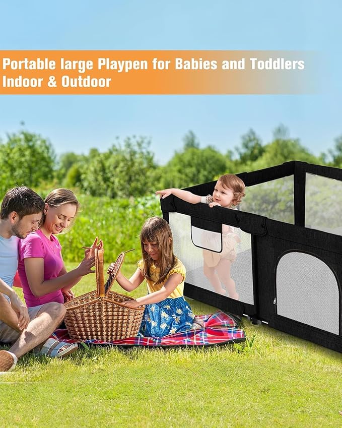 Foldable Baby Playpen with Gate, Extra Large Collapsible Play Yard for Babies & Toddlers, Portable Travel Playpen, Baby Activity Center for Indoor & Outdoor Use (Black 51"×51")