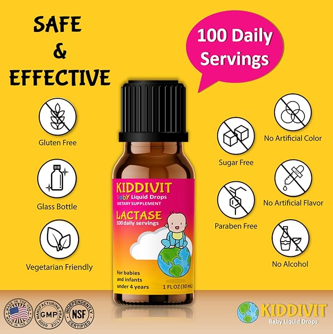 Kiddivit Baby Lactase Drops 1000 Units – Gentle Digestive Support Enzyme Supplement – 100 Daily Servings – Built-in Dropper, Glass Bottle – Gluten Free, Vegetarian, 1oz