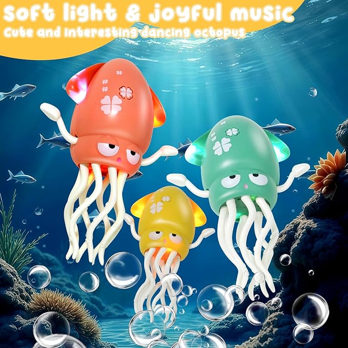 Dancing Octopus Baby Toy, Tummy Time Toys, with Music and Led Light, Automatically Avoids Obstacles, Crawling Toy Suitable for Birthday Gifts for Toddlers Over One Month Old(Yellow)