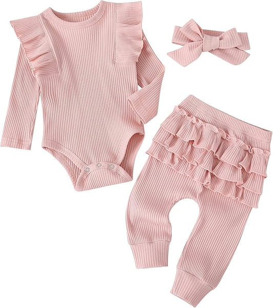 Fullfamous Baby Girl's 3pc Rib Frill Long Sleeve Romper and Pant Set