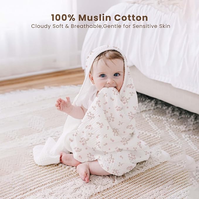 Konssy 2-Pack Muslin Hooded Baby Towels, 100% Cotton, Ultra-Soft & Absorbent Baby Bath Towels with Hood for Newborn & Infant (Taupe,Soft Blooms,30" x 30")