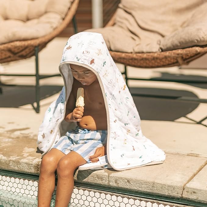 Little Unicorn Premium Hooded Bath Towel| Absorbent Cotton & Terry Blend | Larger Size, 1-6 Years (Animal Crowd)