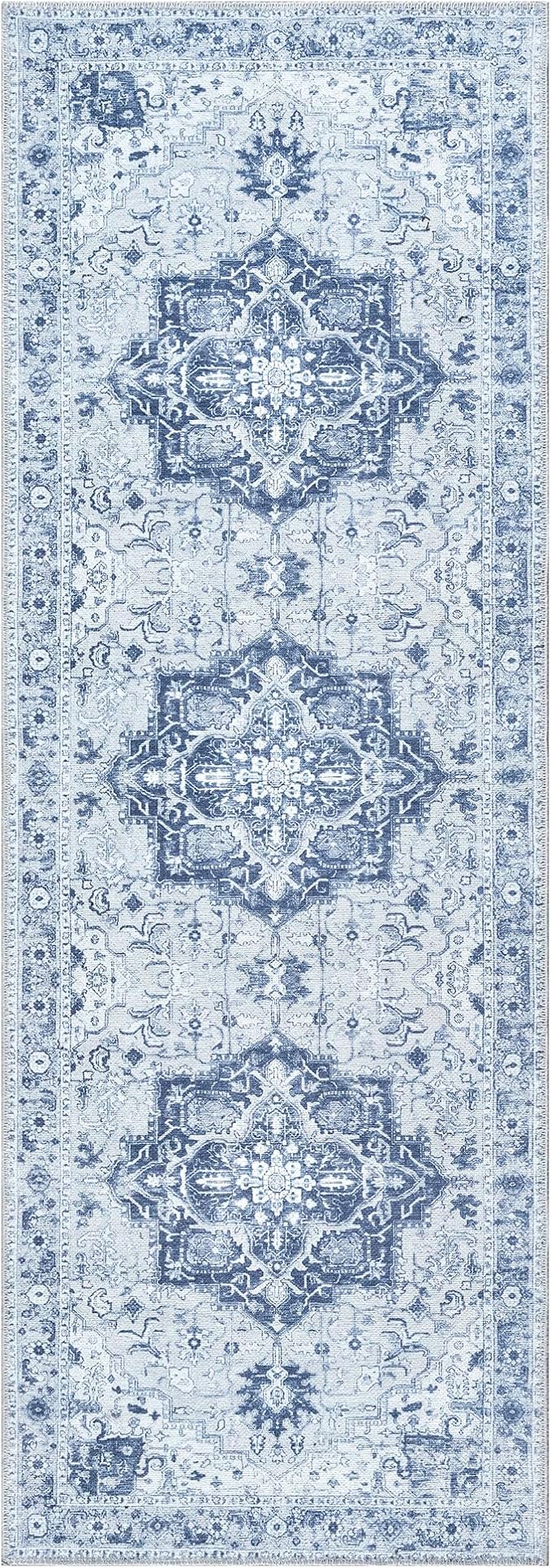 Bloom Rugs Washable Non-Slip 10 ft Runner - Gray/Blue Traditional Medallion Runner for Entryway, Hallway, Bathroom, and Kitchen - Exact Size: 2.5' x 10'