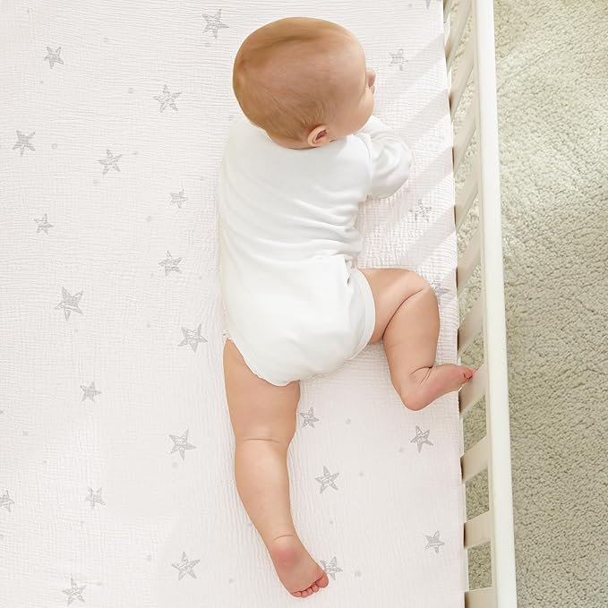 Bearmoss Muslin Mini Crib Sheets for Pack N Play Mattress - 100% Cotton - 38"x26" Soft Breathable Playard Baby Crib Sheets Neutral for Boys Girls - 2 Pack (White Star)