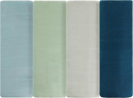 Featherhead™ 100% Cotton Muslin Swaddle Blankets for Baby Girl - Large 47”x 47” - Pre-Washed, Soft, & Breathable - Newborn Essential & Perfect Baby Registry Gift (4 Pack - Blue Solids)