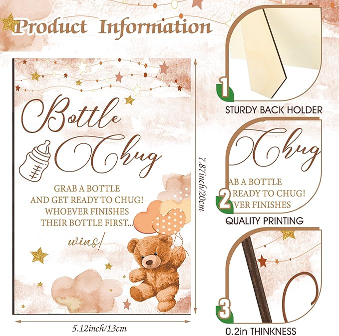 Bear Cool Baby Shower Games Bottle Chug Sign Wooden Brown Theme Gift Sets Gender Reveal Party Favors and 12 Pcs Baby Bottle Shower Favor for Gender Reveal Party Decor(Bear)