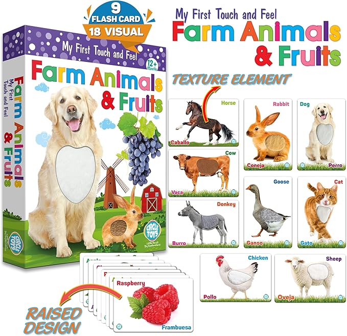 My Touch and Feel English Spanish Bilingual Picture Double Sided Sensory Flash Cards for Infant, Toddlers, Kids, Learn Animals, Fruits, and Vehicles, Fun Learning and Educational Flashcards