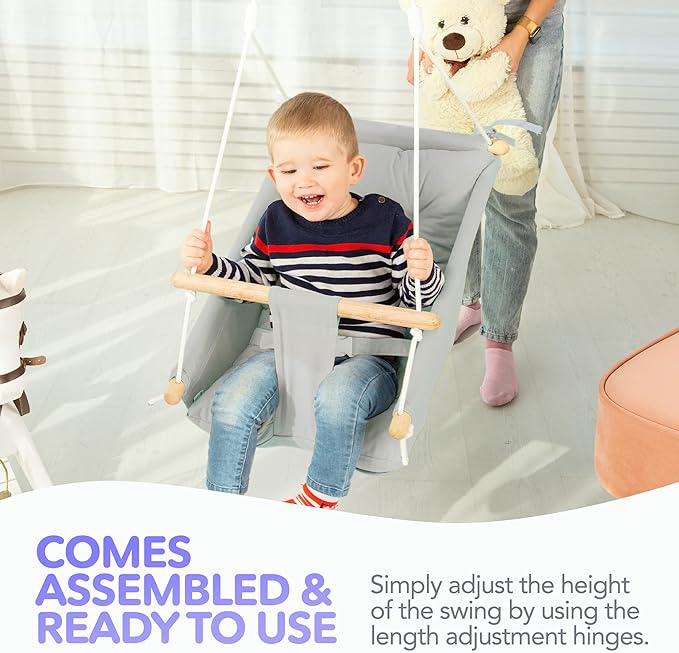 CaTeam Canvas Toddler Swing – Indoor/Outdoor Hanging Chair for Patio & Playroom with Safety Belt – Wooden Baby Seat for Ages 12+ Months – Gray