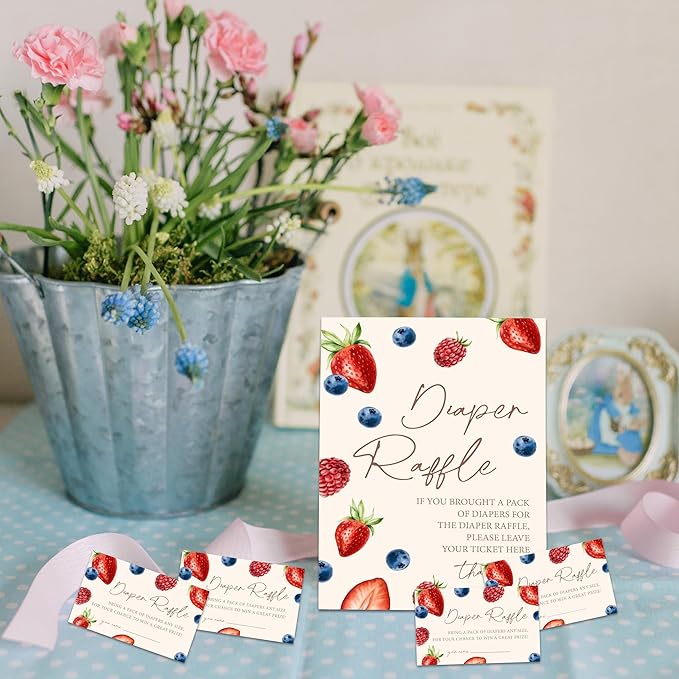Blueberry & Strawberry Diaper Raffle Set For Baby Shower - 50 Raffle Tickets With 1 Standing Sign - Baby Announcement, Gender Reveal Baby Shower Party Decoration Game Set - A06