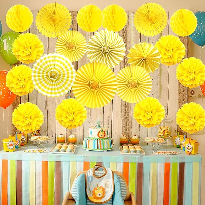ZERODECO Party Decoration, 21 Pcs Yellow Hanging Paper Fans Pom Poms Flowers, Garlands String Polka Dot and Triangle Bunting Flags for Minnie Mouse Birthday Parties Baby Showers Wedding