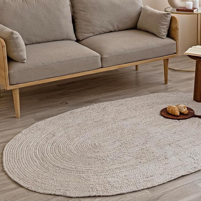 HOMEMONDE Oval Jute Area Rug - 5x8 ft - Off White Hand Woven Natural Fiber - Farmhouse Rustic Rugs for Living Room, Bedroom, Dining Room, Hallway, Office